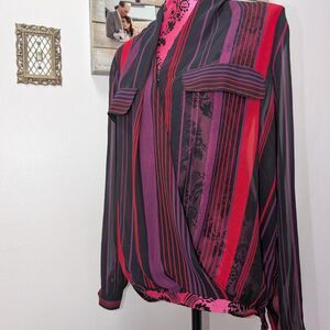 sheer Black Red And Purple Striped Blouse